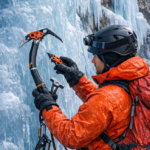 Escalador con piolets asciende una pared de hielo