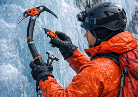 Escalador con piolets asciende una pared de hielo