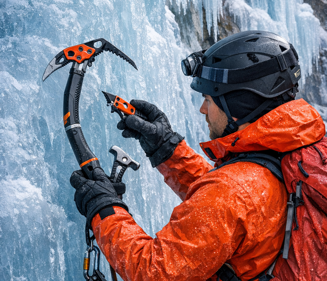 Escalador con piolets asciende una pared de hielo