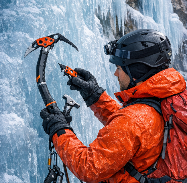 Escalador con piolets asciende una pared de hielo