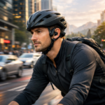 Ciclista urbano con casco pedalea entre rascacielos
