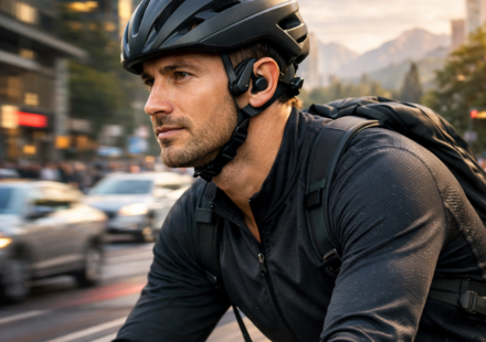 Ciclista urbano con casco pedalea entre rascacielos