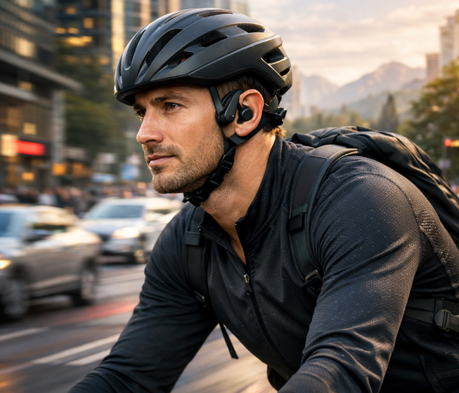 Ciclista urbano con casco pedalea entre rascacielos