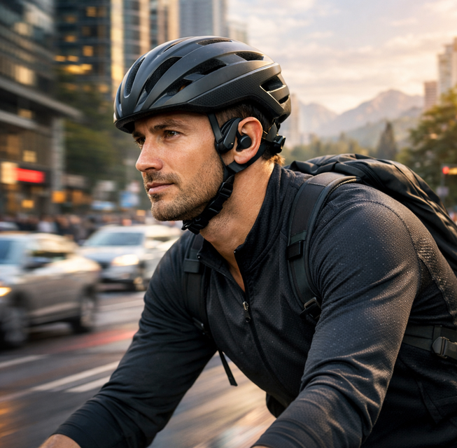 Ciclista urbano con casco pedalea entre rascacielos