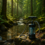 Filtro de agua portátil junto a un arroyo forestal