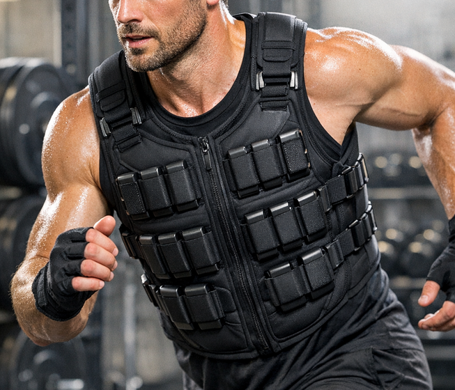 Hombre entrenando con chaleco lastrado en un gimnasio