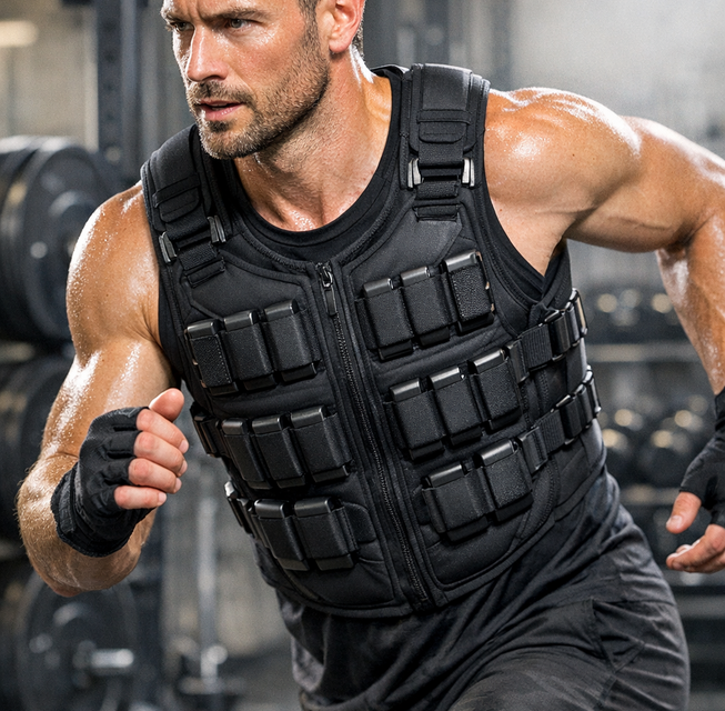 Hombre entrenando con chaleco lastrado en un gimnasio