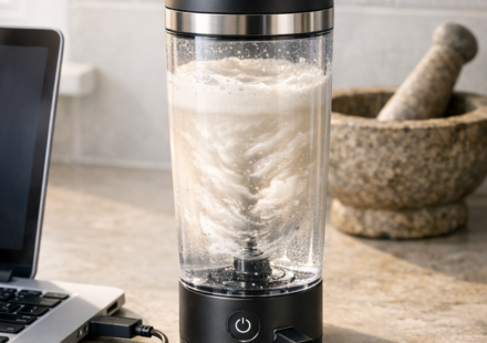 Batidora portátil USB mezclando proteína en una cocina