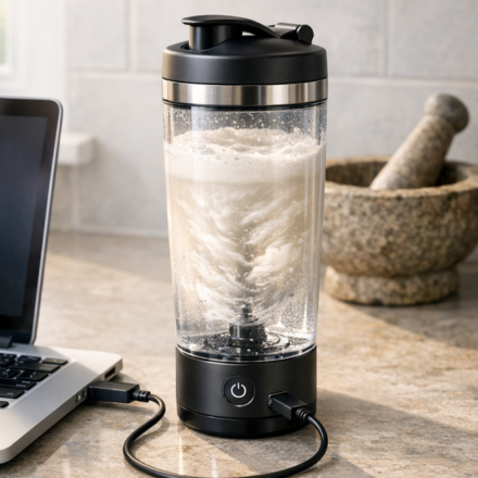 Batidora portátil USB mezclando proteína en una cocina