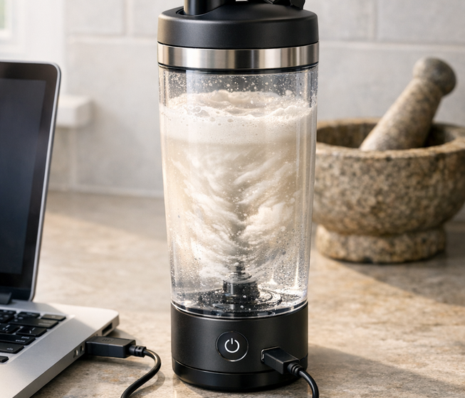 Batidora portátil USB mezclando proteína en una cocina