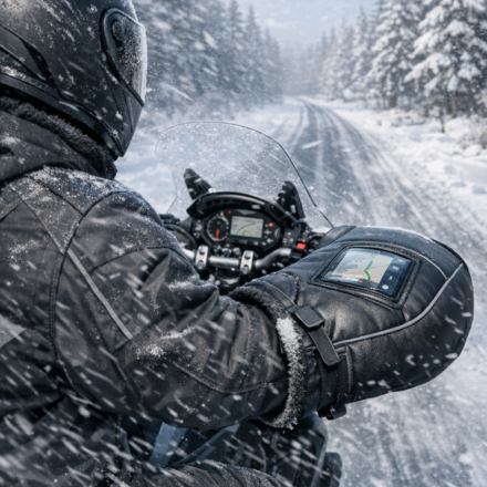Motorista consulta GPS durante una nevada en carretera forestal