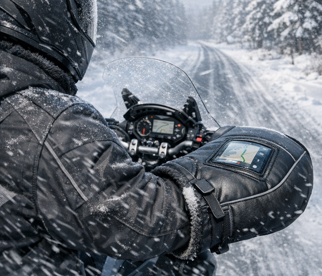 Motorista consulta GPS durante una nevada en carretera forestal