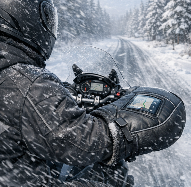 Motorista consulta GPS durante una nevada en carretera forestal
