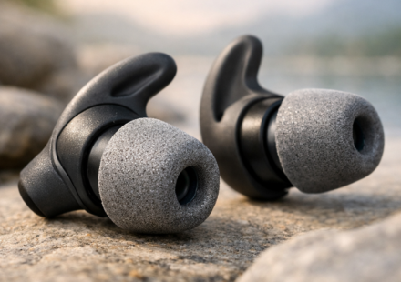 Auriculares inalámbricos negros sobre rocas junto al agua