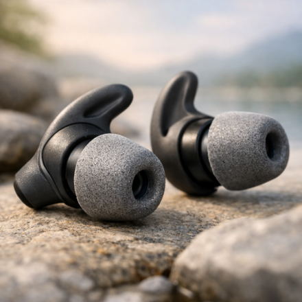 Auriculares inalámbricos negros sobre rocas junto al agua