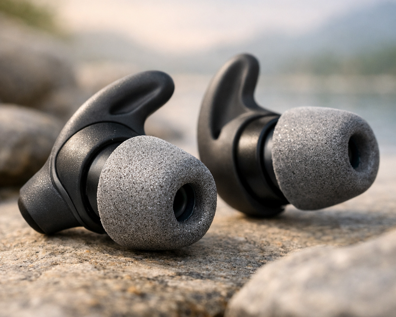 Auriculares inalámbricos negros sobre rocas junto al agua