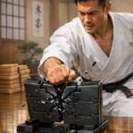 Karateka rompe bloque negro con un puñetazo