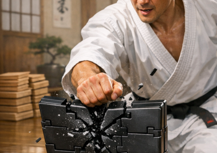 Karateka rompe bloque negro con un puñetazo