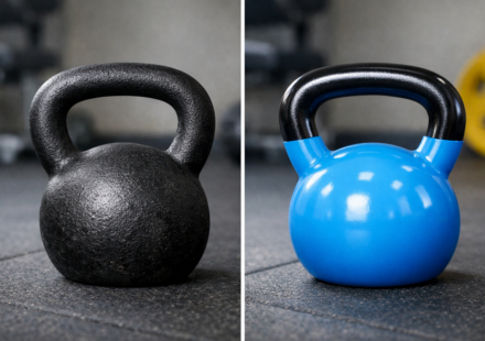 Dos kettlebells negra y azul sobre suelo de gimnasio