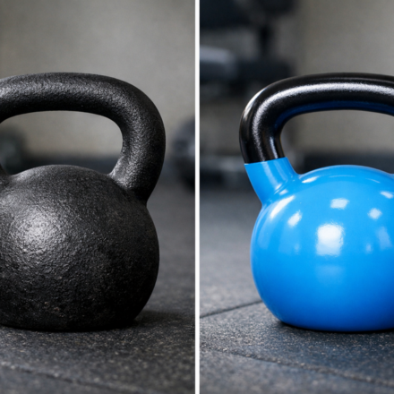 Dos kettlebells negra y azul sobre suelo de gimnasio