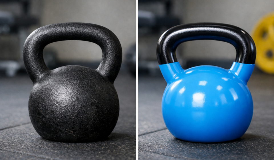 Dos kettlebells negra y azul sobre suelo de gimnasio