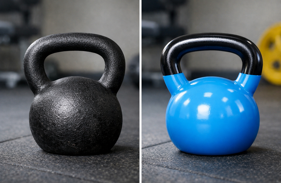 Dos kettlebells negra y azul sobre suelo de gimnasio