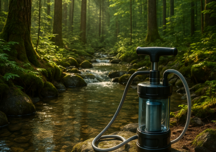 Filtro de agua portátil junto a un arroyo forestal