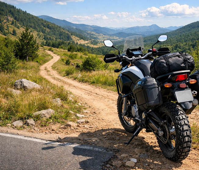 Moto de aventura junto a pista montañosa