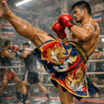 Luchador de muay thai ejecutando una patada alta