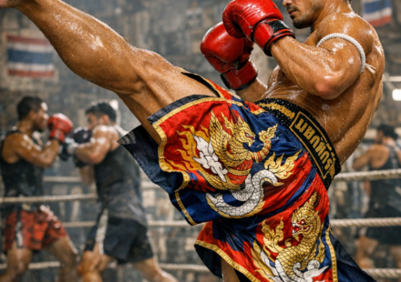 Luchador de muay thai ejecutando una patada alta