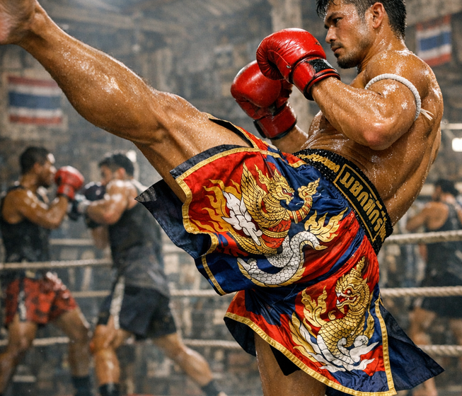 Luchador de muay thai ejecutando una patada alta