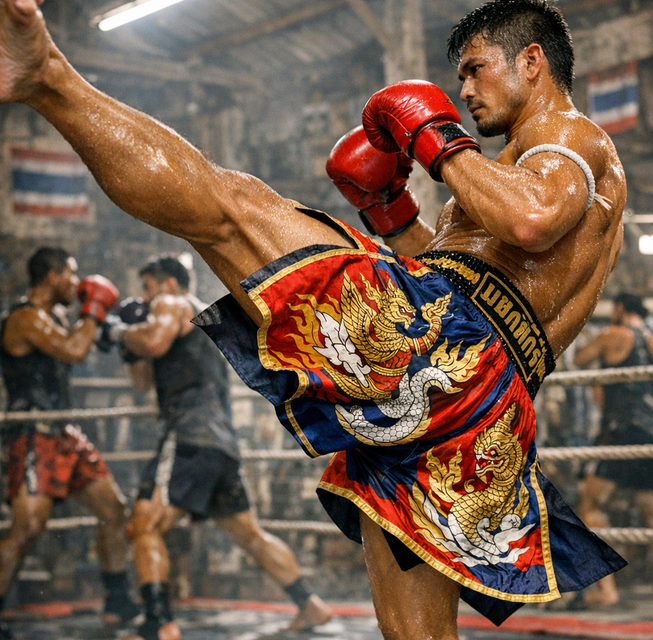 Luchador de muay thai ejecutando una patada alta
