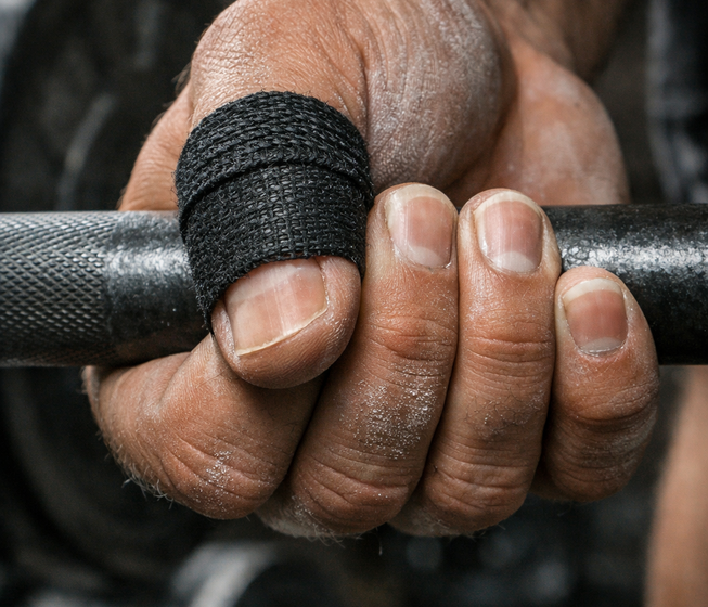 Mano con pulgar vendado sujetando una barra de pesas
