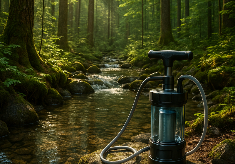 Filtro de agua portátil junto a un arroyo forestal