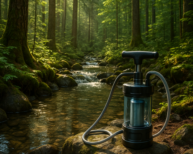 Filtro de agua portátil junto a un arroyo forestal
