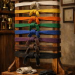 Cinturones de artes marciales en expositor de madera