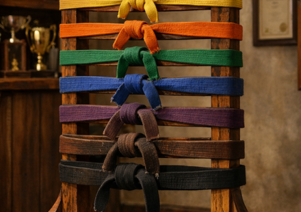 Cinturones de artes marciales en expositor de madera