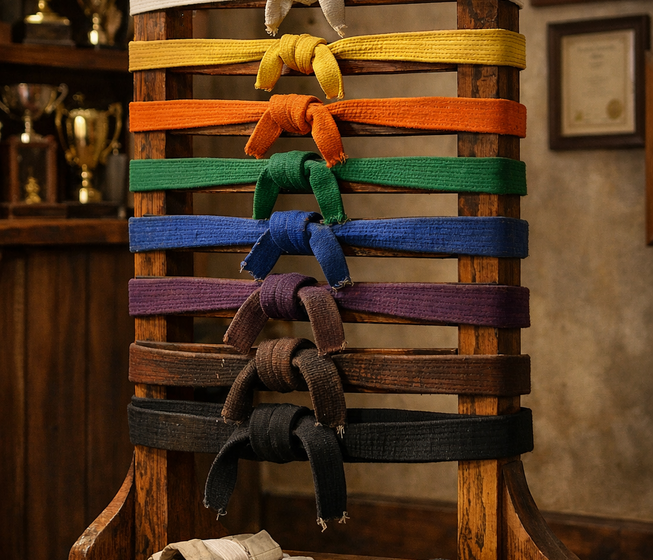 Cinturones de artes marciales en expositor de madera